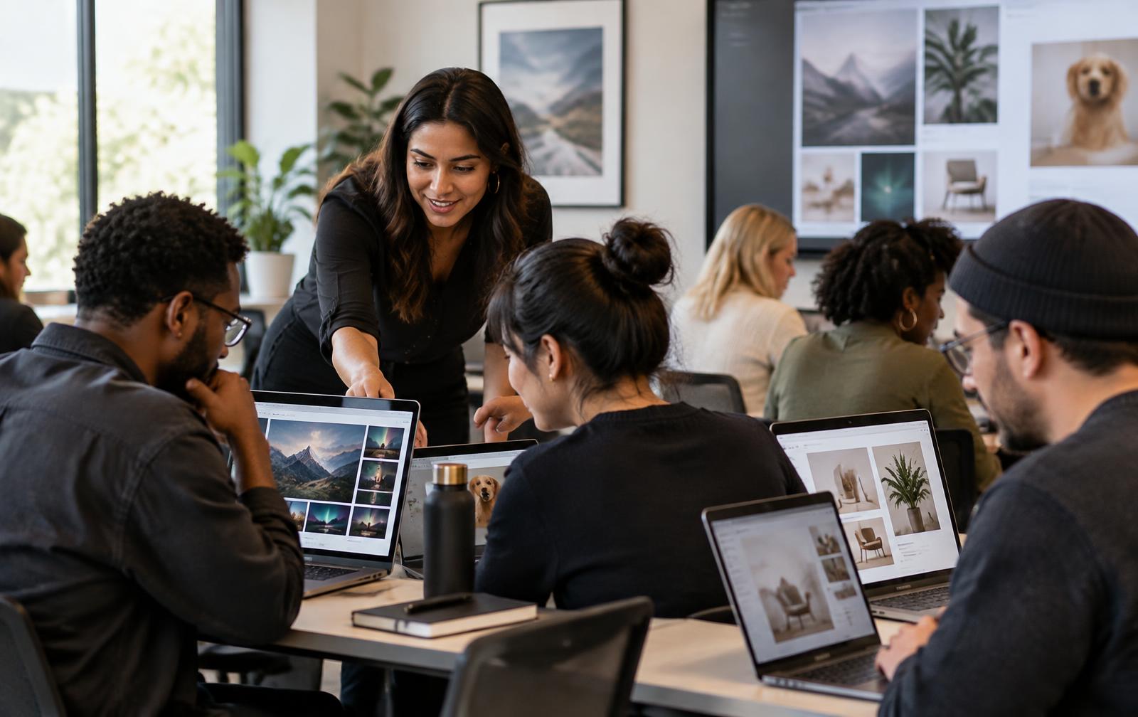 An instructor guiding adult learners through a practical AI workshop