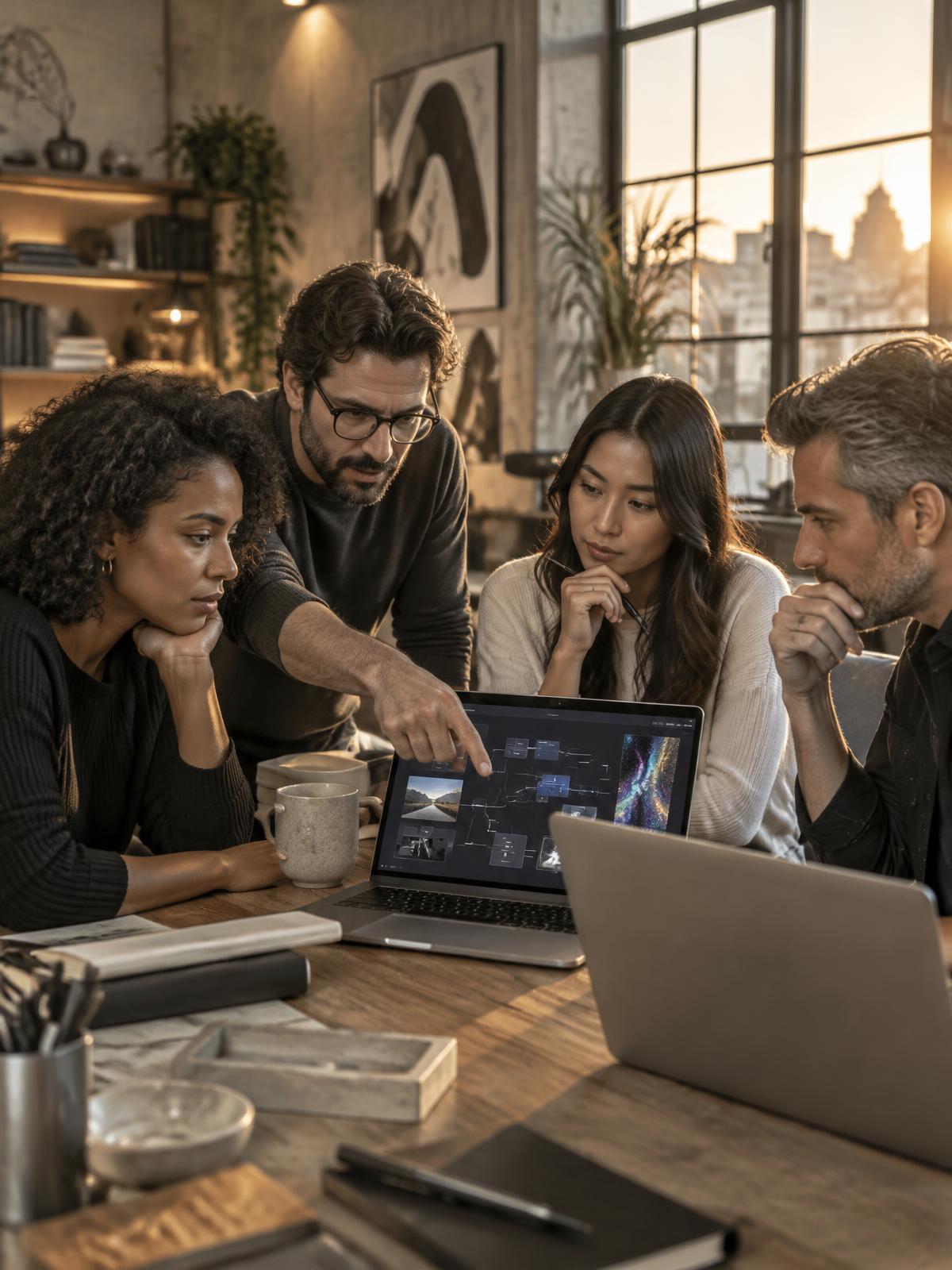 A diverse group of adult students learning AI together around laptops